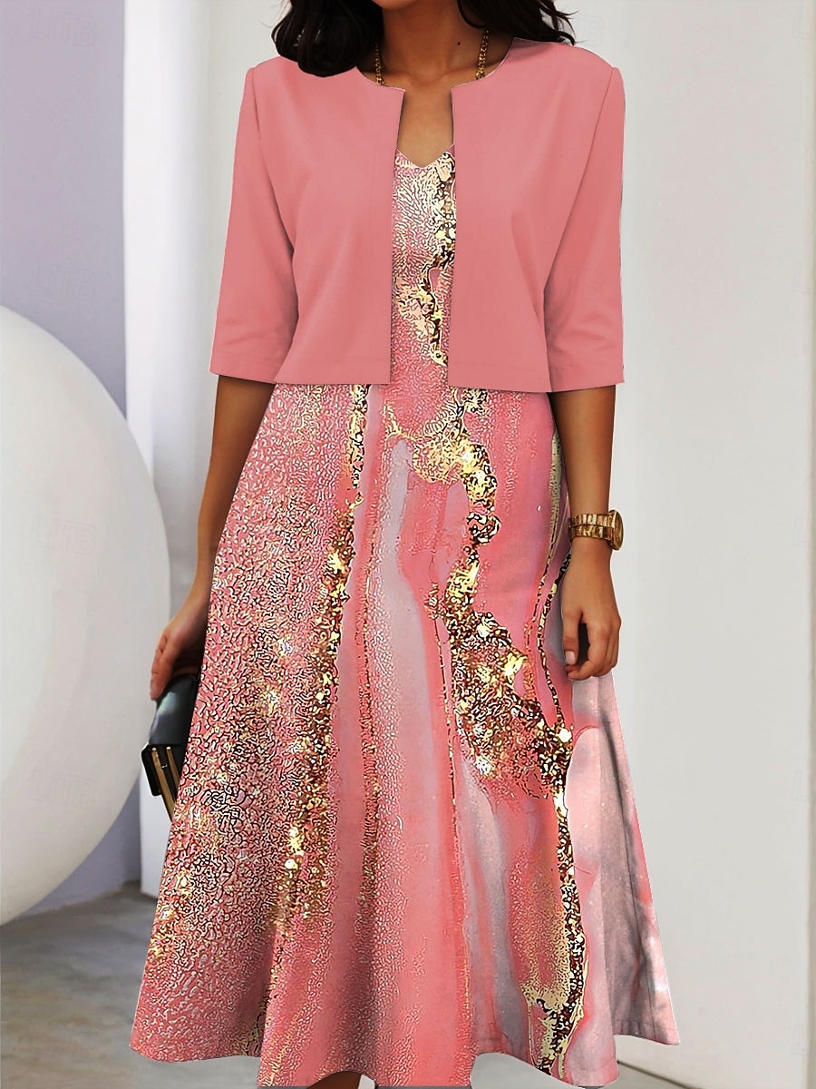 Ensemble de robes pour femmes en deux pièces robe midi avec veste élégante robe en A manches mi-longues robe décontractée semi-formelle imprimé graphique ombragé encolure en V rendez-vous noire rose de 2025 ? $36.99 –P1