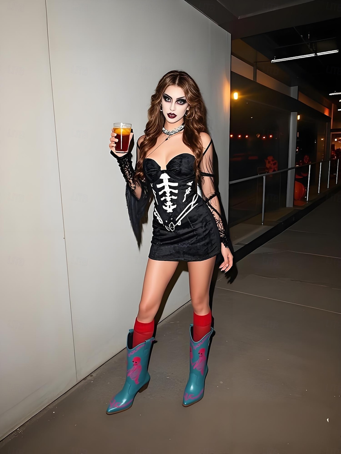 Botas vaqueras azules occidentales para mujer con bordado de esqueleto rosa: botas de media pantorrilla con tacón grueso para disfraz gótico de Halloween, ideal para cosplay, conciertos y festivales 2025 - $54.99 –P1