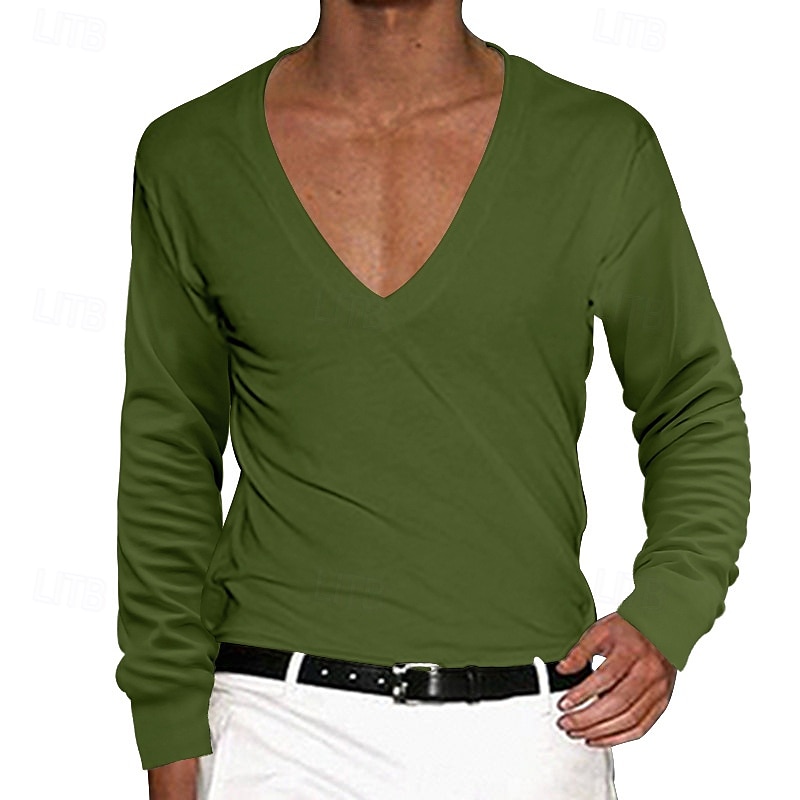 Herren T Shirt T-Shirt Langarm V Ausschnitt Sommer Einfarbig Einfach Mode Designer Basic Tiefes V Basic Urlaub Straße Lässig Schwarz Weiß Rot Top T-Shirt für Herren 2025 - $16.49 –P6