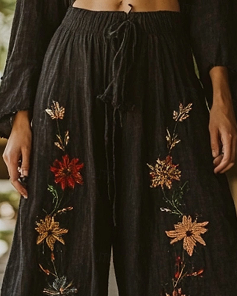 Dam Brett skaft Byxor Palazzo byxor Ledigt Boho Fullängd Hög midja Blomma Elastisk midja Snörning Mönster Mateial som andas Bekväm Gata Dagliga kläder Utekväll Svart Vår Höst Normal 2025 - $32.99 –P2