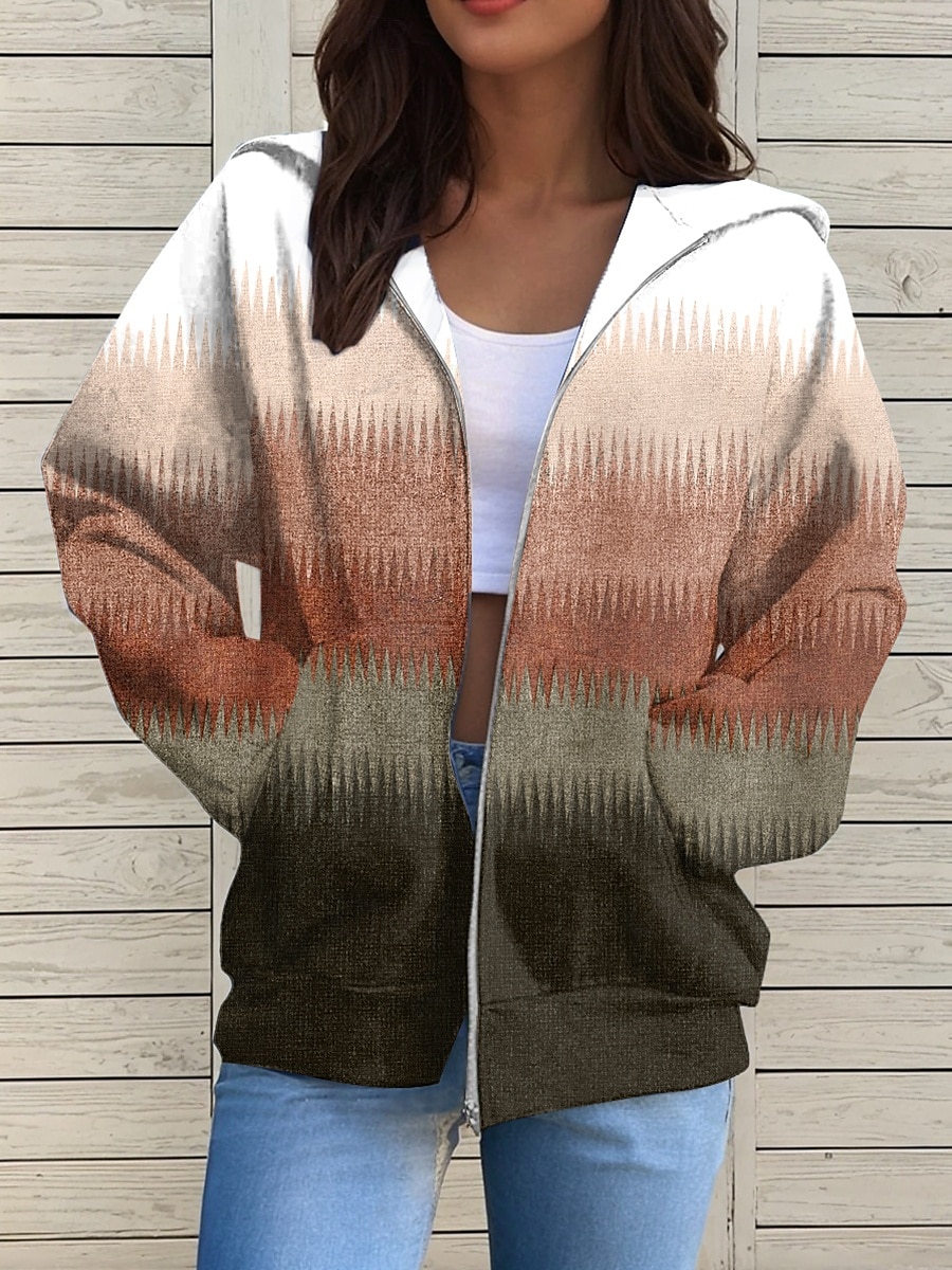 Women's Zip Up Hoodies Geometric Active Casual Long Sleeve Hooded Regular Tops Casual Holiday Zip Up Zipper Front Pocket Red Blue Purple Brown Green Spring Fall 2025 - $26.99 –P1