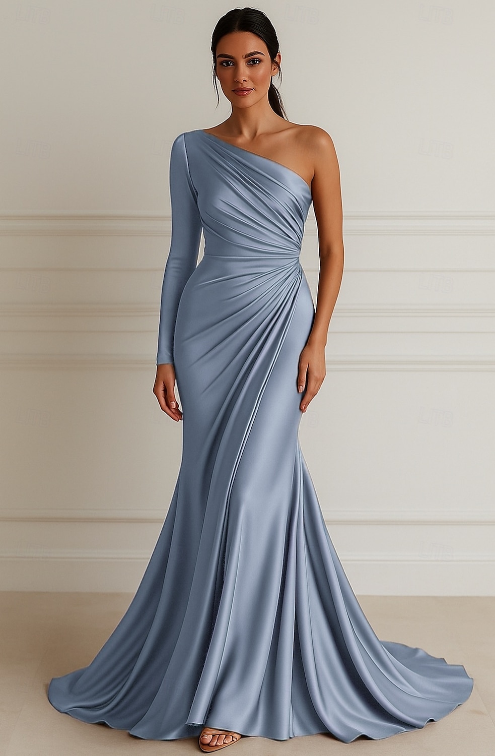 Sirena / Tromba Abito da Sera Elegante Vestito Formale Matrimonio Lunghezza al pavimento Manica Lunga Monospalla Vestito Rosa Raso Elasticizzato con Pieghe 2025 del 2025 a $139.99 –P3