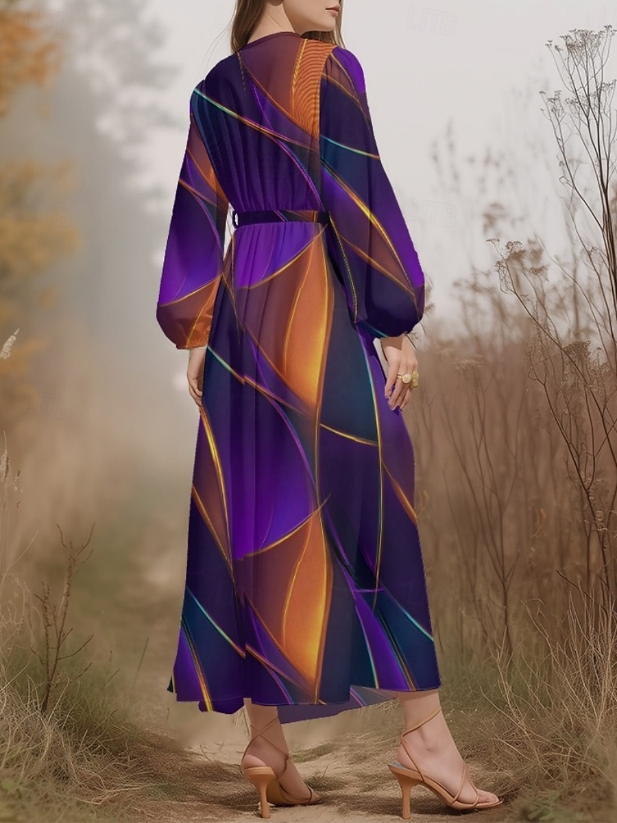 Damen Midikleid Freizeitkleid Chiffon Schwingkleid Modern Urlaub Täglich Wochenende Normale Passform Geometrisch Langarm V Ausschnitt Blau Dunkelgrün Purpur Grün Sommer Frühling Herbst 2025 - $31.99 –P9