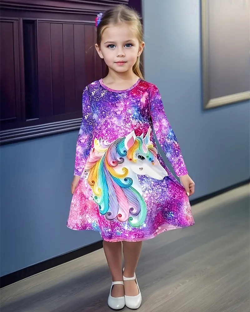 Mädchen' 3D Einhorn Kleid Langarm Sommer Frühling Urlaub Täglich Ferien Prinzessin Schön Süß Kinder 4-12 Jahre Freizeitkleid A Linie Kleid Knielang Normale Passform 2025 - $16.99 –P1