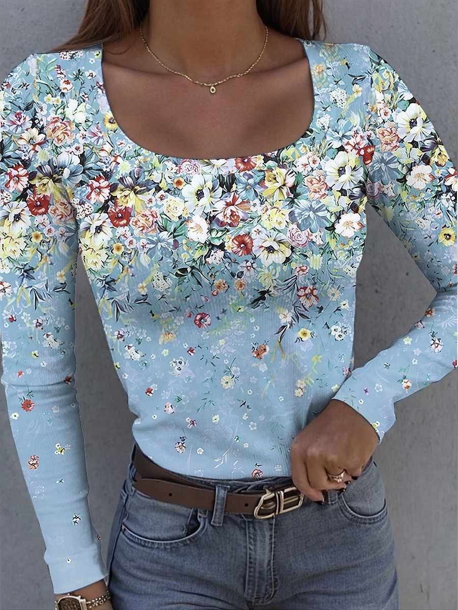 Maglietta da donna in cotone a coste con grafica collo quadrato a maniche lunghe casual floreale vintage top regolari per uso quotidiano stampa gialla rosa blu viola verde primavera autunno del 2026 a $26.99 –P2