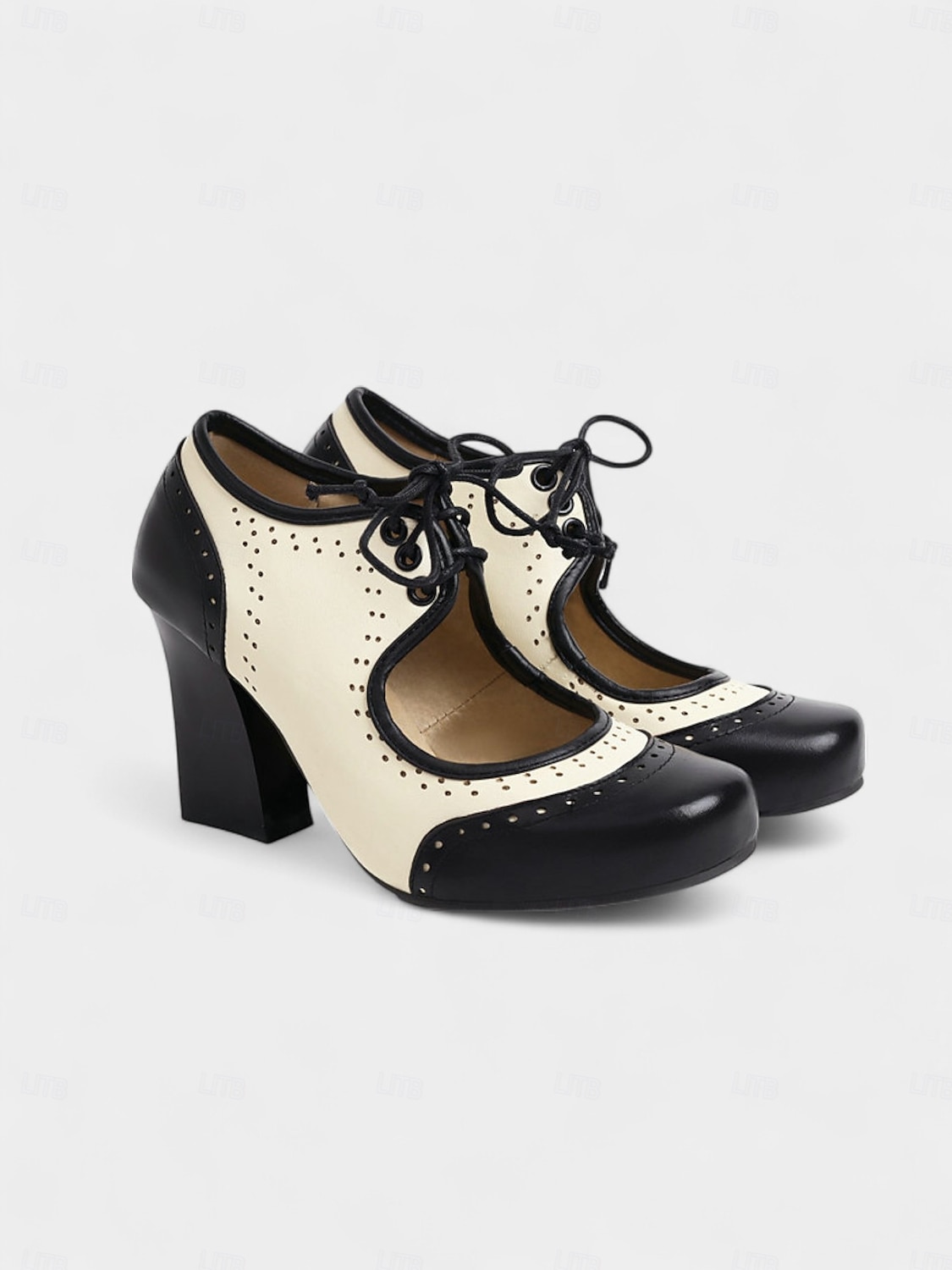 női, 1930-as évek ihlette, kétszínű, fűzős oxford magassarkú – retró műbőr vastag cipők vintage őszi és téli szettekhez és teadélutánokhoz 2026 - $46.99 –P3