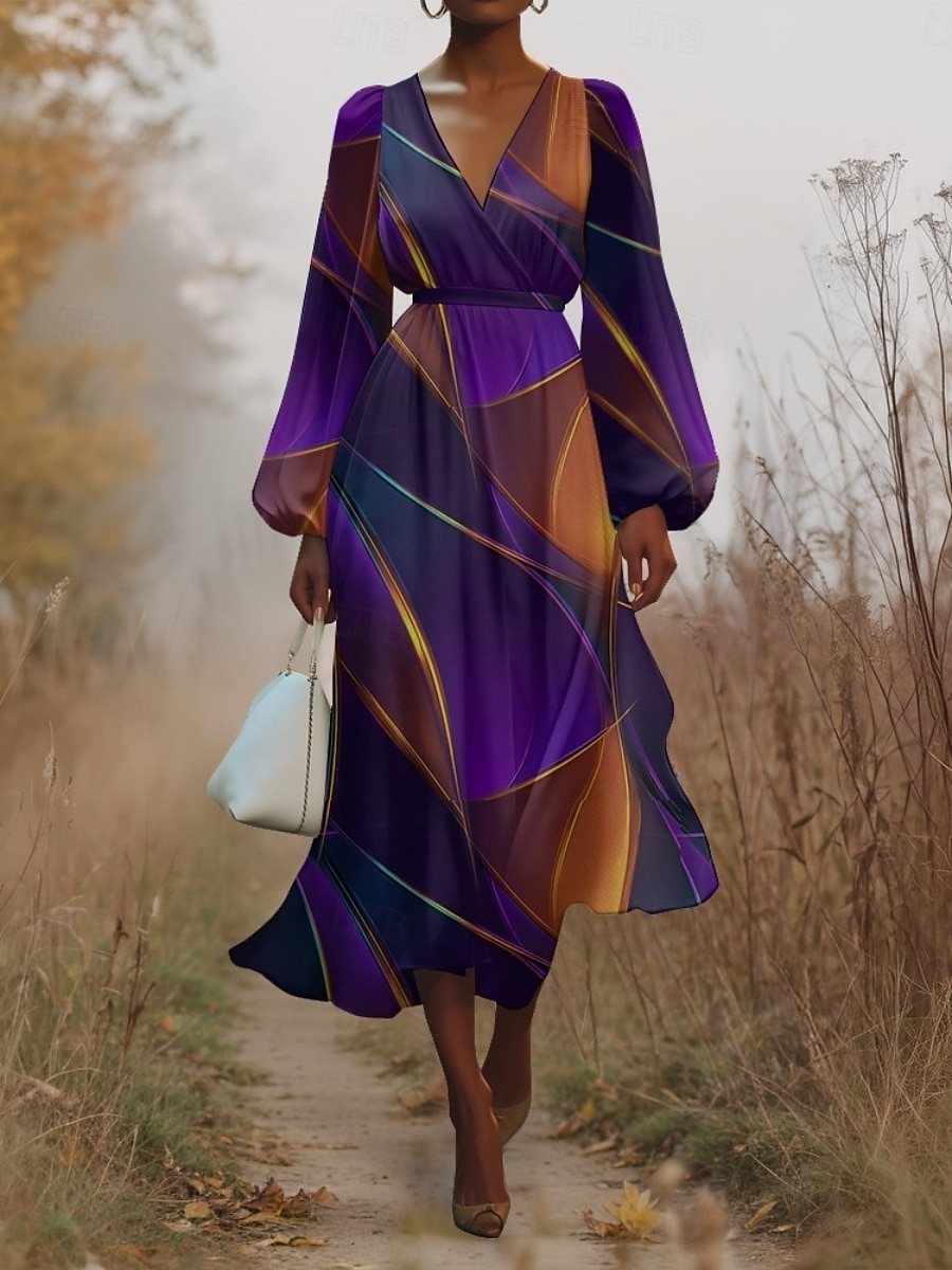 Damen Midikleid Freizeitkleid Chiffon Schwingkleid Modern Urlaub Täglich Wochenende Normale Passform Geometrisch Langarm V Ausschnitt Blau Dunkelgrün Purpur Grün Sommer Frühling Herbst 2025 - $31.99 –P10