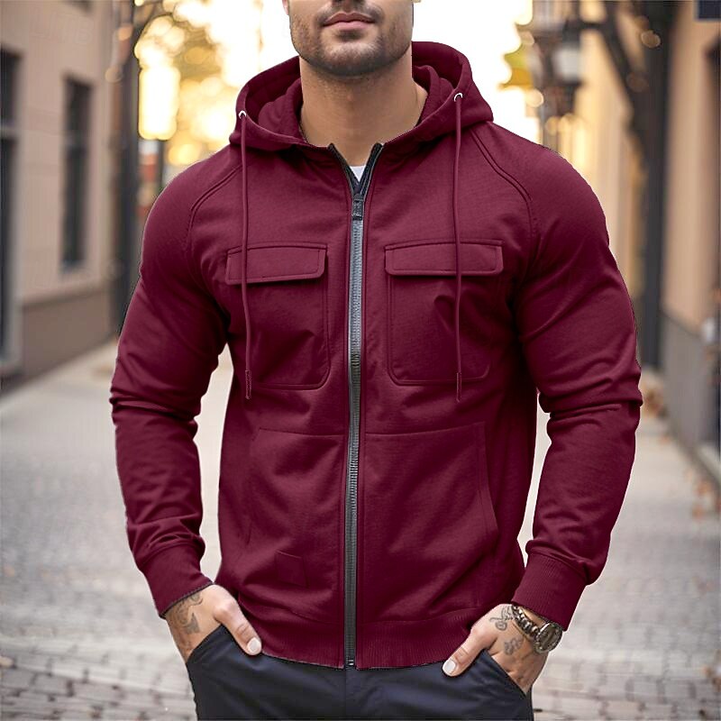 Men's Hoodie Full Zip Hoodie Wine Red Black Army Green Khaki Gray Hooded Plain Zip Up Front Pocket Tactical Sports & Outdoor Casual Polyester Streetwear Cool Sportswear Spring &  Fall Clothing Apparel 2026 - $24.99 –P5