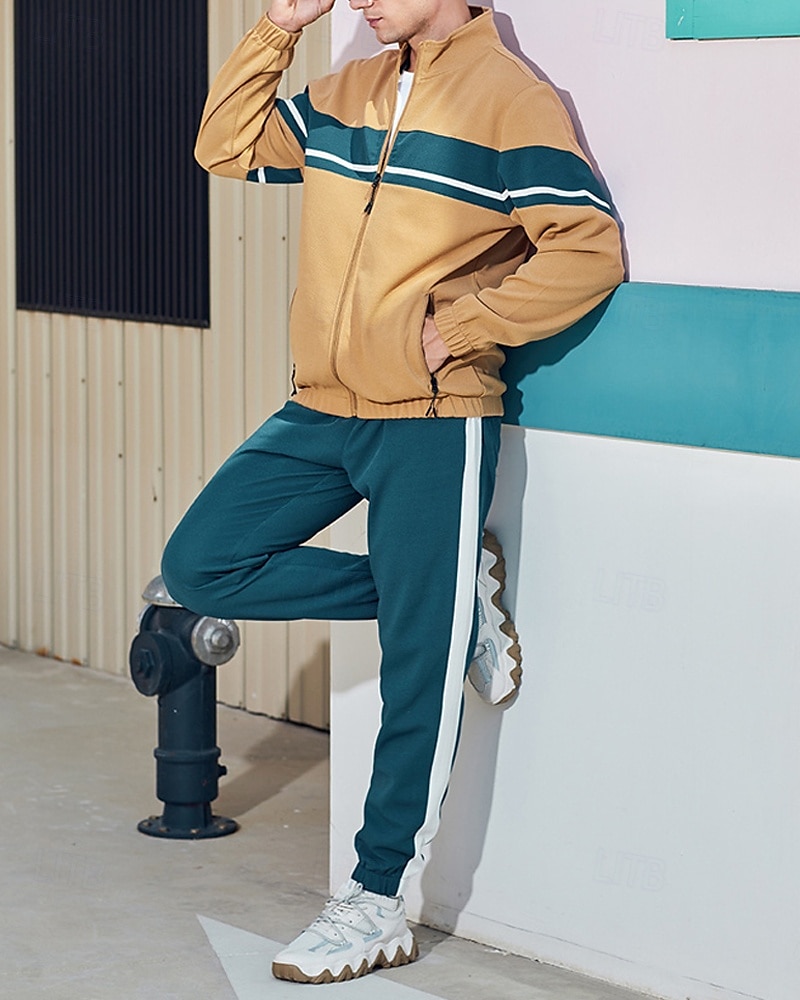 Per uomo Giacca Leggera Giacca Casual Set Vacanza Quotidiano Tasca 2 Pezzi Primavera Autunno Blocco di colori Moda Classico Collo alla coreana Regolare Nero Verde Cachi Giacca del 2025 a $48.99 –P13