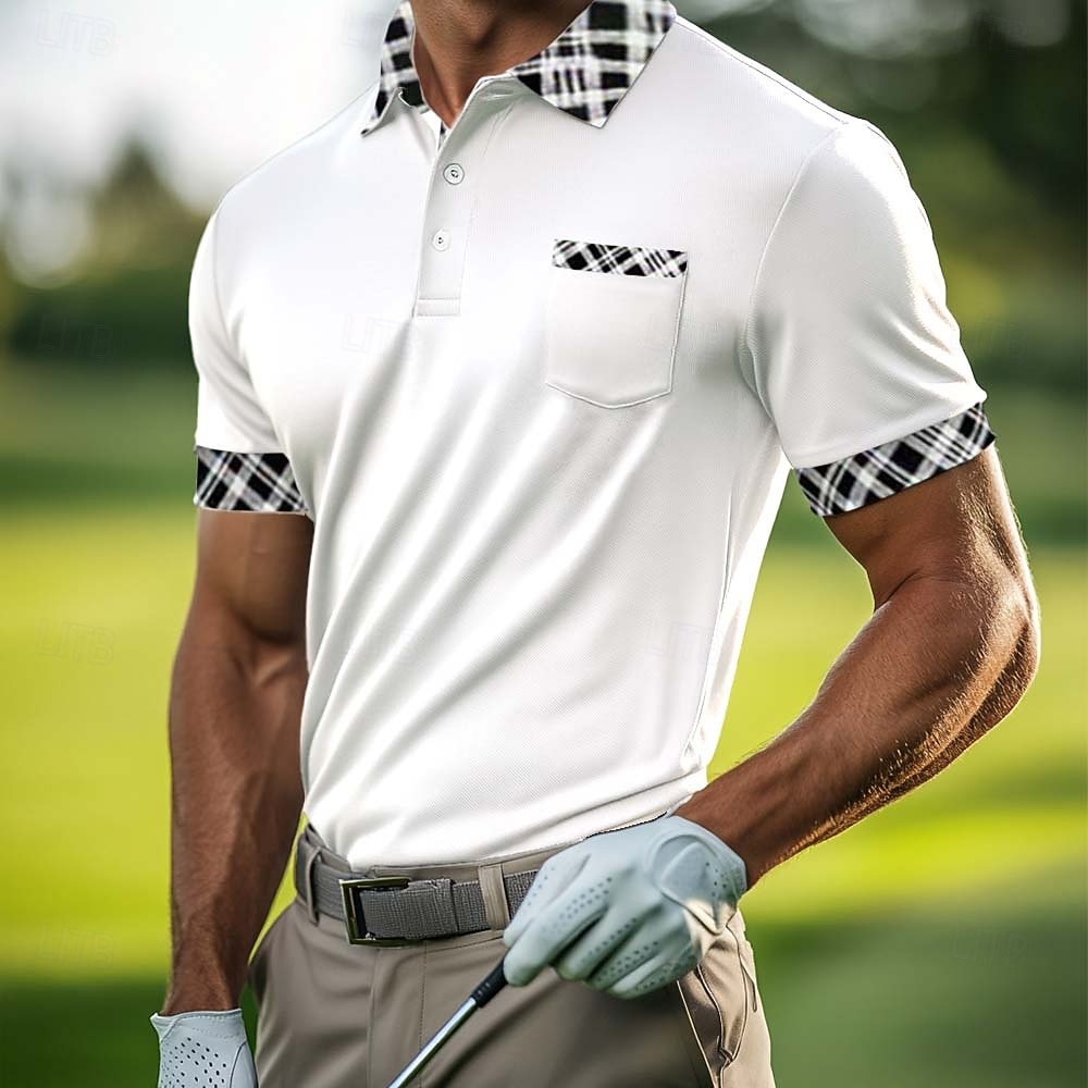 Men's Cotton Blend Polo Shirt Golf Shirt Casual Sports Lapel Short Sleeve Fashion Basic Houndstooth Plaid / Check Patchwork Pocket Summer Spring Slim Fit White Light Blue Orange Khaki Grey Cotton 2026 - $8.99 –P13
