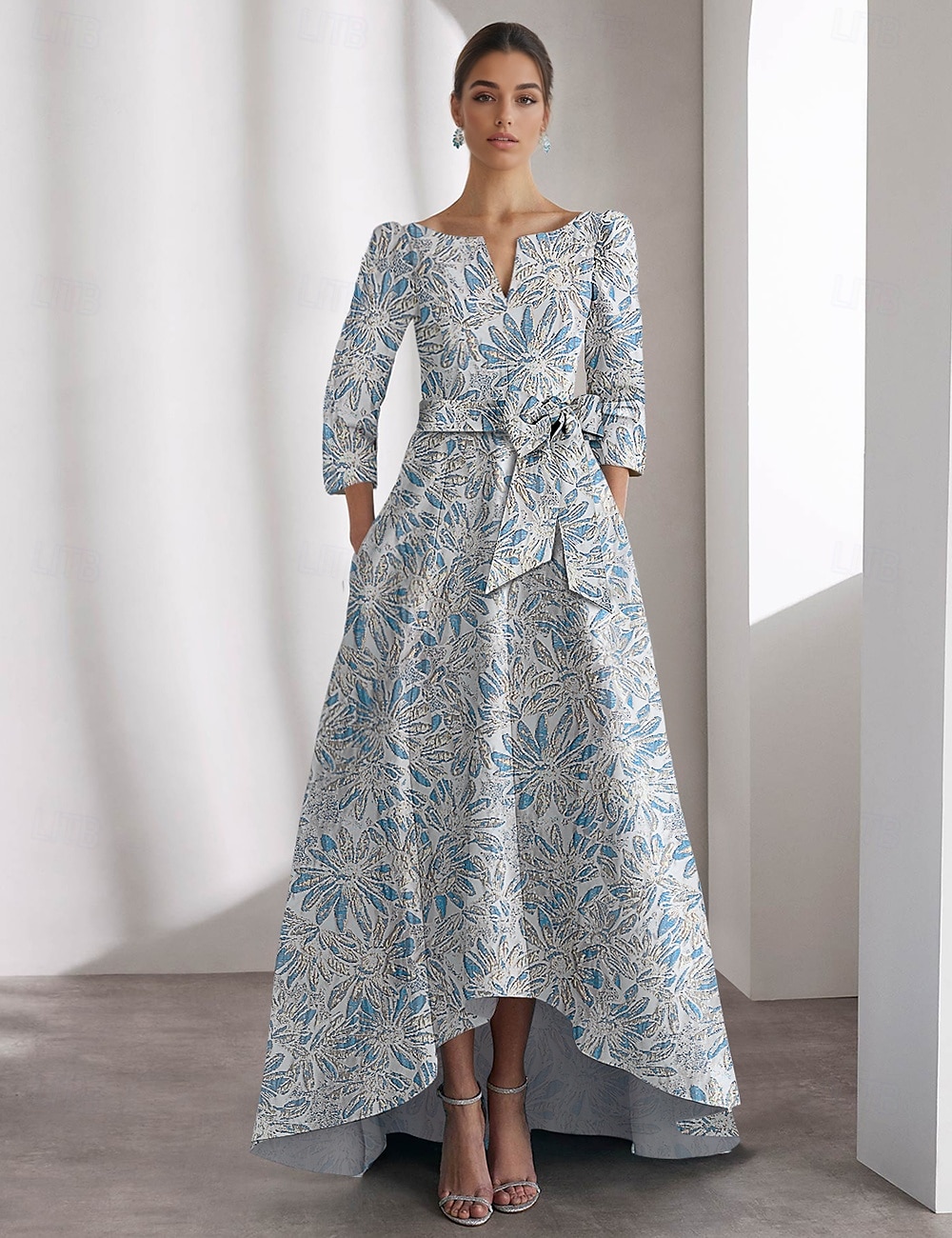 vestido jacquard floral azul, vestidos de coquetel em linha A, vestido formal de gala com gravata preta, manga 3/4, decote em V com bolso, 2025 de 2025 por $145.99 –P5