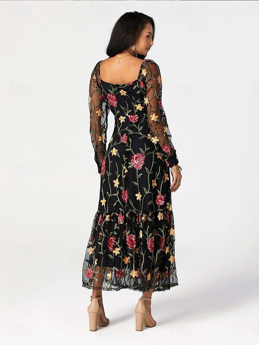 A-Linie Brautmutterkleid Elegant Schwarzes Kleid Durchsichtig Quadrathals Knöchellänge Tüll Langarm mit Rüschen Stickerei 2025 2025 - $119.99 –P2
