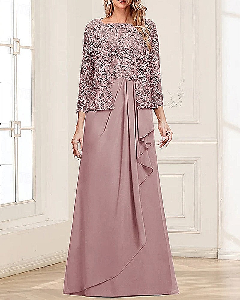 Tweedelig A-lijn Moeder van de bruid jurk Elegant Eenvoudig minimalistische Vierkante hals Tot de grond Chiffon Geribd kant Mouwloos 3/4 mouw met Plooien Ruches Gelaagde ruches 2025 2025 - $135.99 –P5