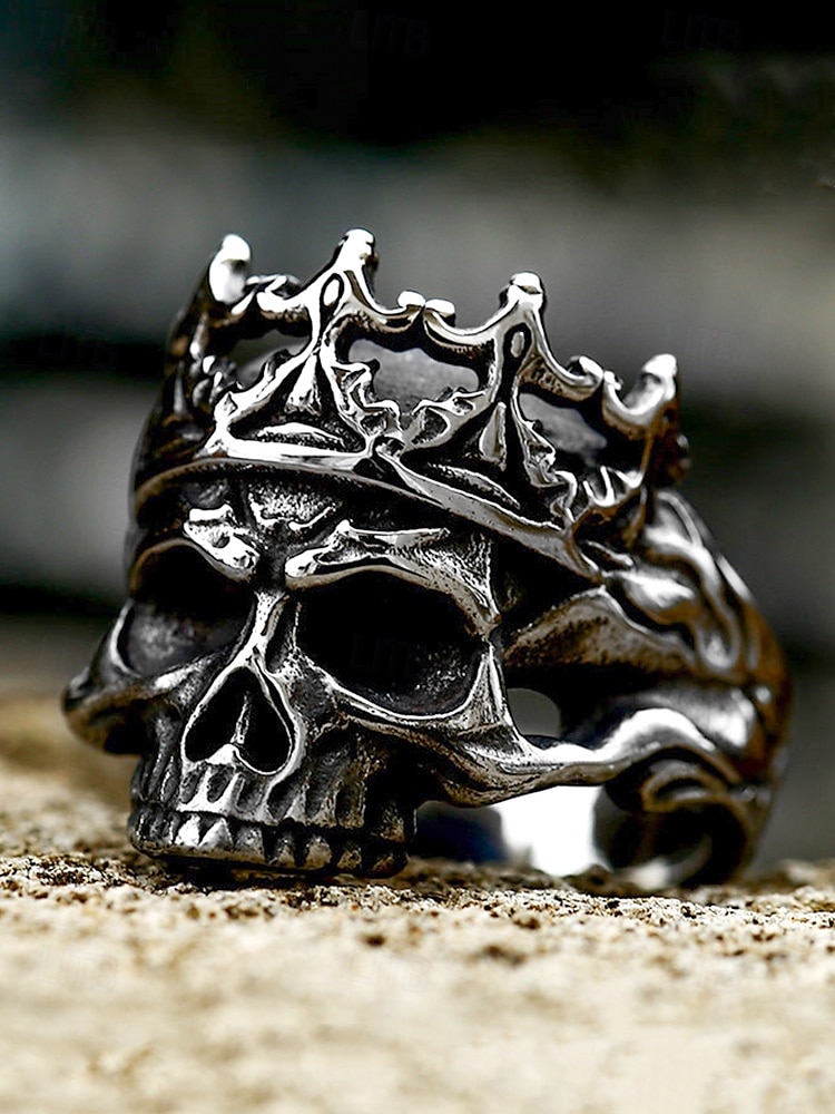 Herrenring aus Edelstahl mit Totenkopf und Krone – Gothic-Punk-Stil, robustes Heavy-Metal-Design, ideal für Halloween-Partys, Cosplay und Rockkonzerte 2025 - $11.99 –P5