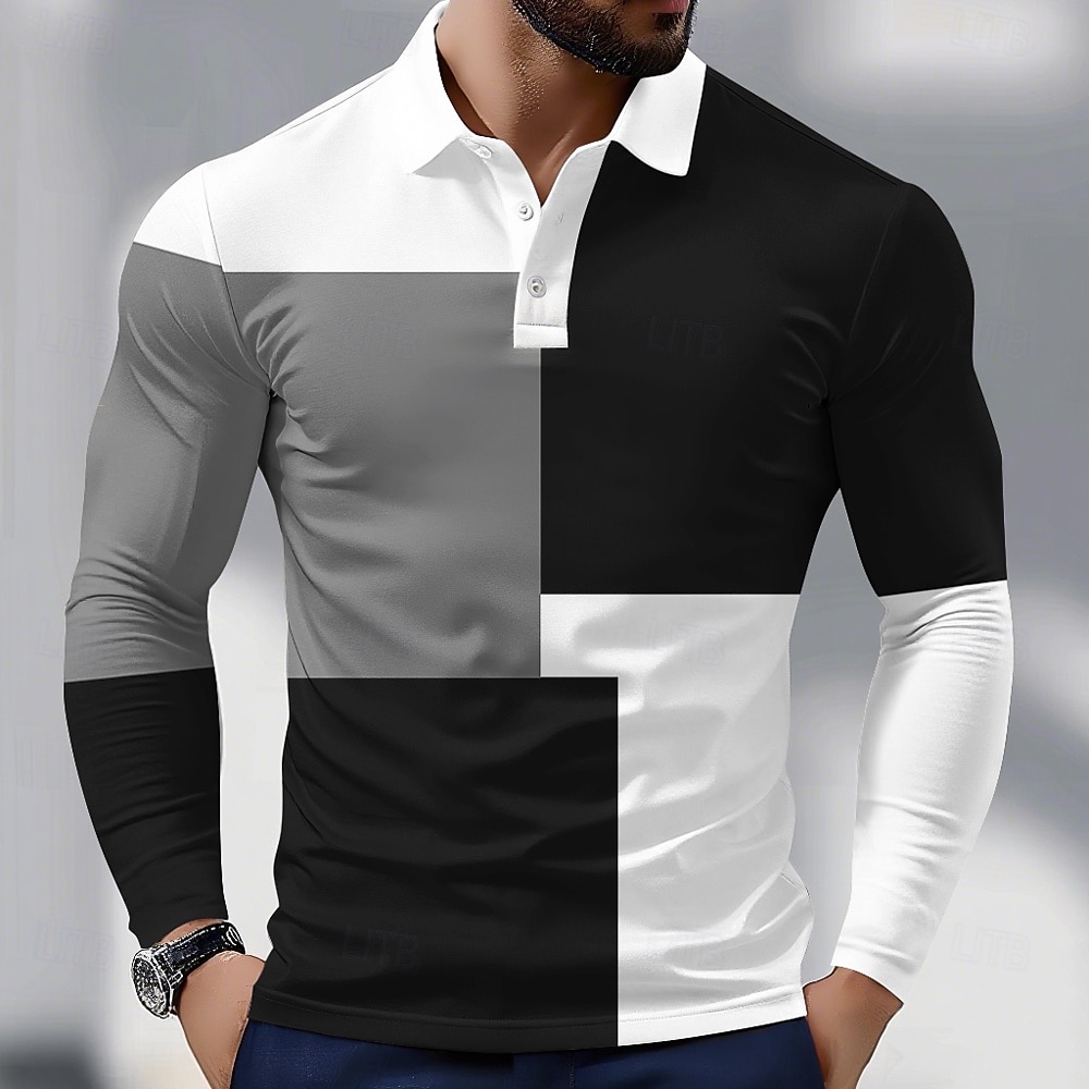 Herr Färgblock Polo Långärmad Polotröjor Skjortor med krage Business Casual Fritids- Dagliga kläder 3D-utskrift Vår Höst Rubinrött Blå Brun 2025 - $21.99 –P4