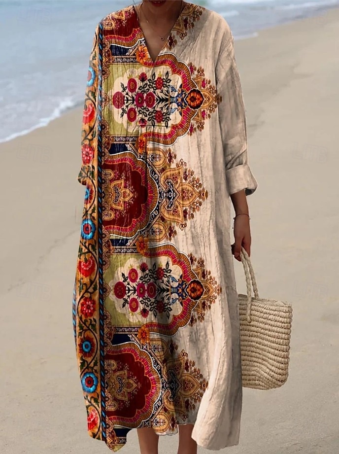 Femmes Robe maxi Robe d'Été Robe trapèze Vacances Occasionnel Sortir Coupe Ample Fleuri Graphique Paisley manche longue Col en V Bleu Ciel Bleu marine Noir Orange Été Printemps Automne de 2025 ? $35.99 –P3