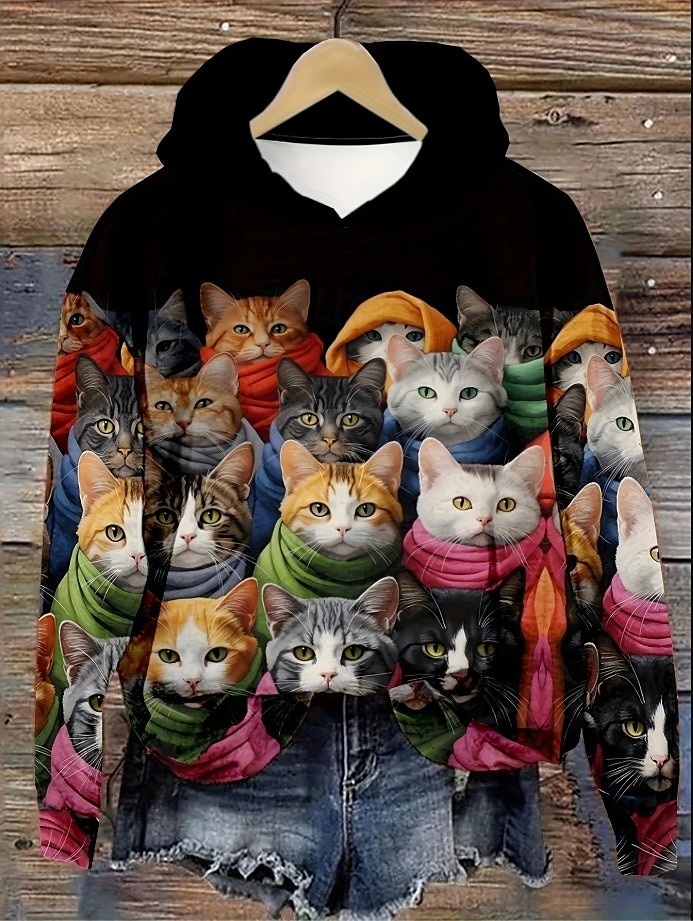 Damen Kapuzenpullover Grafik Tiermotiv Katze Vintage Mode Western Langarm Mit Kapuze Normale Oberteile Straße Alltagskleidung Lässig Druck Fronttasche Schwarz Herbst Winter 2025 - $24.99 –P1