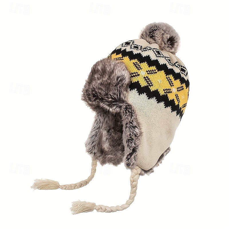 Stretch Knit Plush Winter Hat with Detachable Ear Flaps & Pom-Pom - Grid Pattern, Adjustable Drawstring for Outdoor Sports, Christmas Holiday - Black/White/Blue/Red, Winter Accessories 2025 - $29.99 –P4