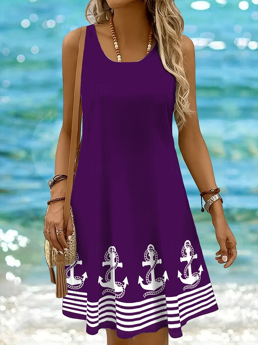 Dame Mini kjole Solkjole Kjole med A-linje Off The Shoulder-kjole Ferie Fritid Bohem Ferie Strand Normal Grafisk Geometrisk Stripe Ermeløs Crew-hals Øsehals Svart Hvit Gul Rosa Sommer Vår 2025 - $21.99 –P8
