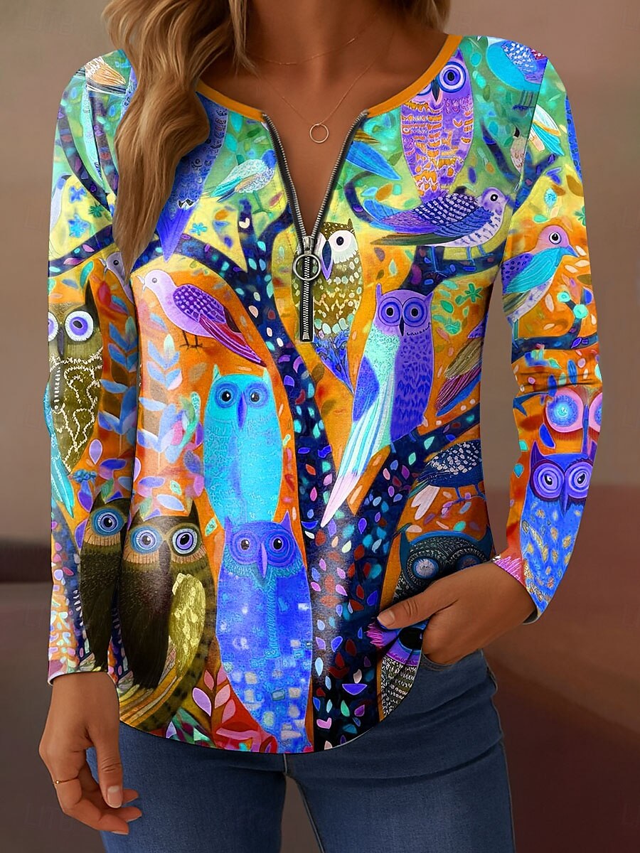 Femmes T-shirt Graphique Chouette Élégant ancien Classique manche longue Col en V Hauts Réguliers Quotidien Week-end Fermeture éclair Imprimé Rose Claire Bleu Orange Vert Printemps Automne de 2025 ? $23.99 –P4