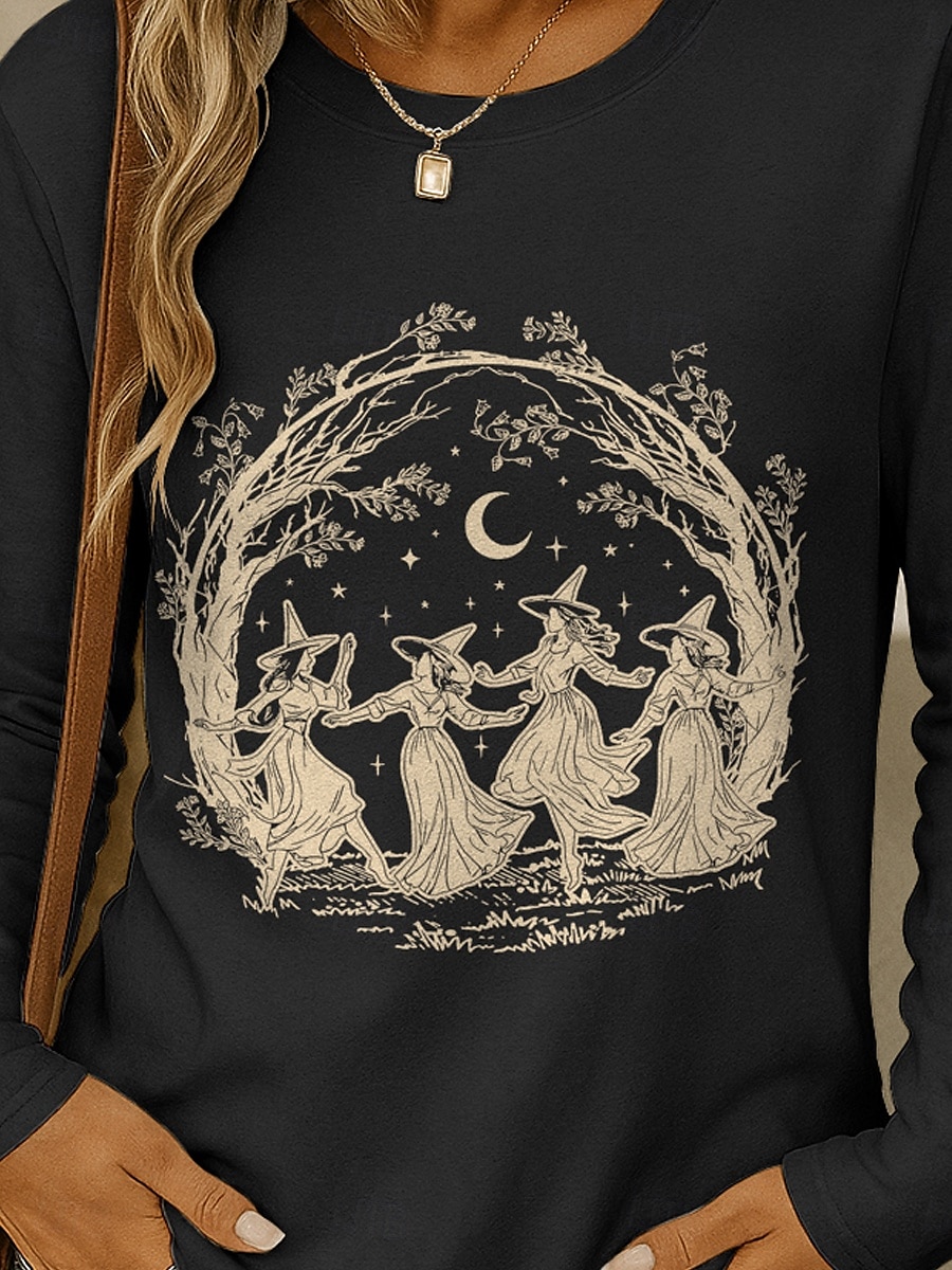 Halloween Femmes T-shirt Graphique Sorcière ancien Élégant Classique manche longue Col ras du cou Col rond Hauts Réguliers Quotidien Week-end Imprimé Noir Vin Bleu Violet Vert Printemps Automne de 2025 ? $22.99 –P3