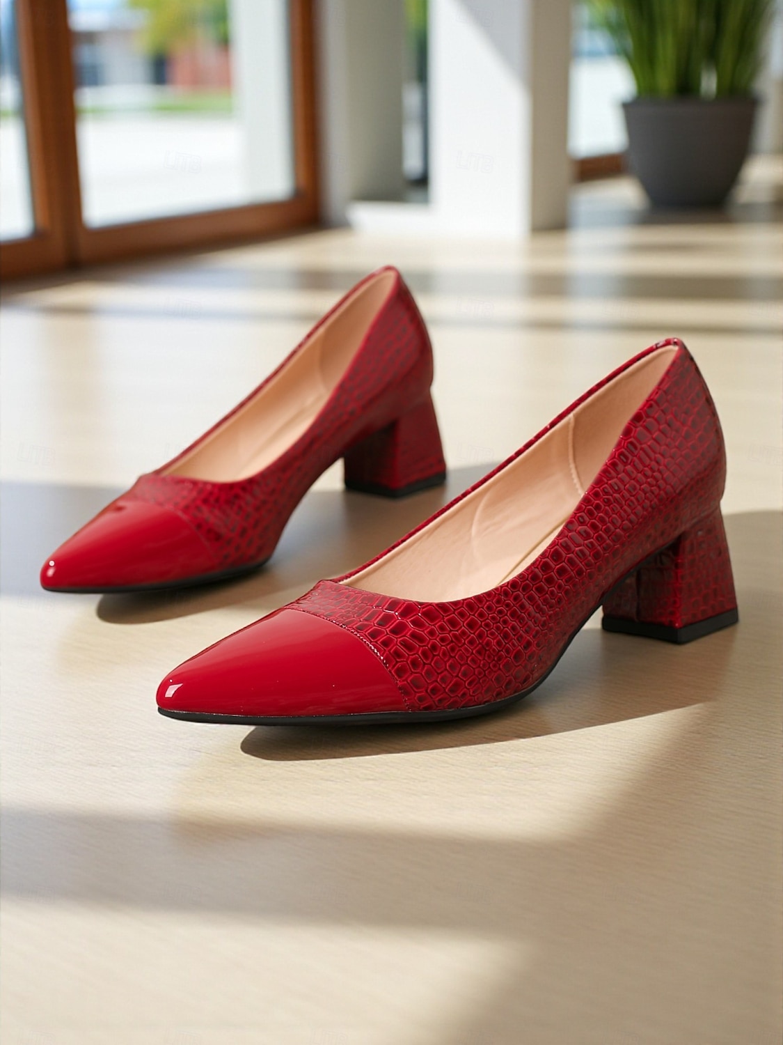Marineblaue Pumps aus Lackleder mit Blockabsatz für Damen – elegante Schuhe mit Krokodilprägung und spitzer Spitze fürs Büro, Partys und formelle Anlässe 2025 - $42.99 –P3