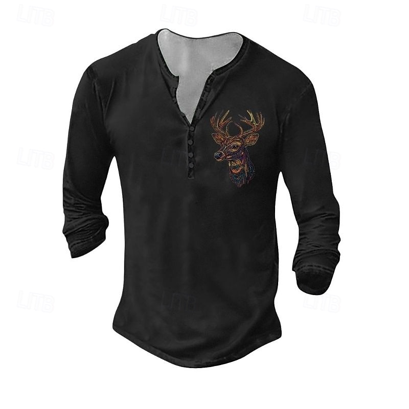 Men's Henley Shirt Tee Tee Top Long Sleeve Shirt Long Sleeve Henley Summer Fall Pattern Deer Fashion Designer Fashion Vintage Vacation Street Going out Dark Grey Black White Top Tee for Men 2026 - $24.99 –P3