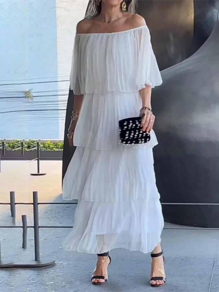 Femmes Robe Midi Robe de Cocktail Robe d'invité de mariage Mousseline de Soie Robe en Chiffon Élégant Mode Moderne Extérieur Vacances Coupe régulière Uni Demi Manches Épaules Dénudées Noir Blanche de 2026 ? $37.99 –P5