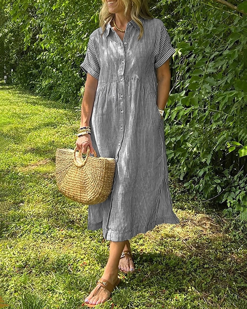 Femmes Robe Longue Maxi Robe Robe Chemise Robe Décontractée Mode Extérieur Soirée Fête Coupe régulière Rayé Manche Courte Col de chemise Noir Blanche Jaune Rose Claire Été de 2025 ? $38.99 –P3