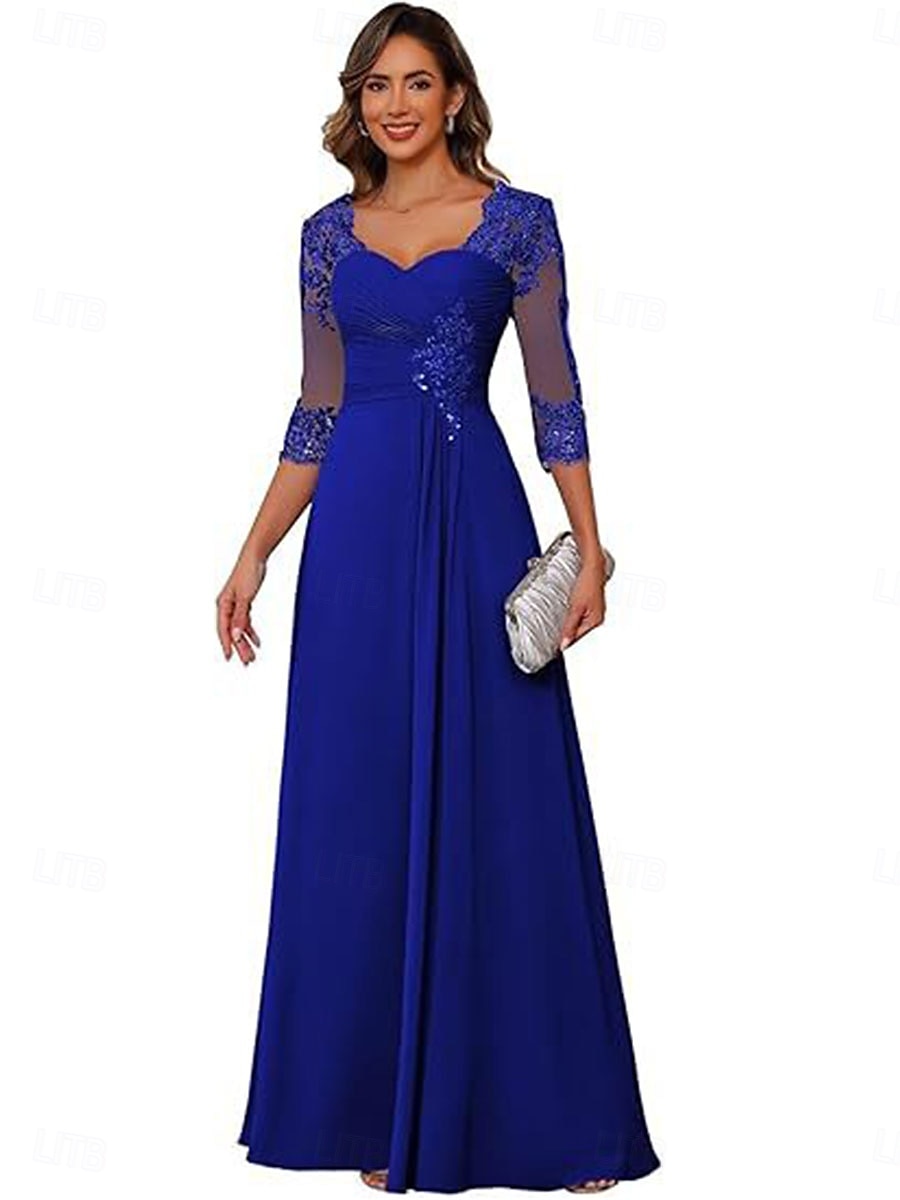 A-linje Kjole til brudens mor Elegant Enkel V-hals Gulvlengde Chiffon 3/4 ermer med Ensfarget 2025 2025 - $119.99 –P5