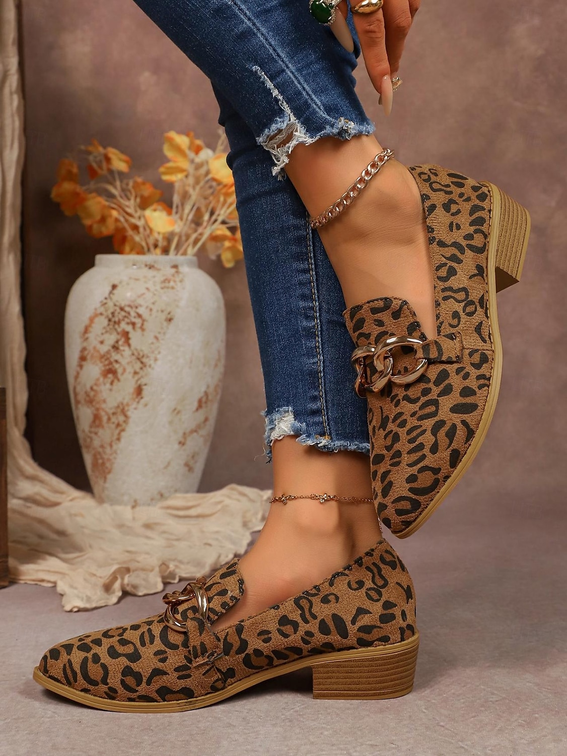 Dame Treningssko Komfort Sko Daglig Blokker hælen Spisstå Fritid Semsket lær Tøfler Leopard Brun 2025 - $24.99 –P3