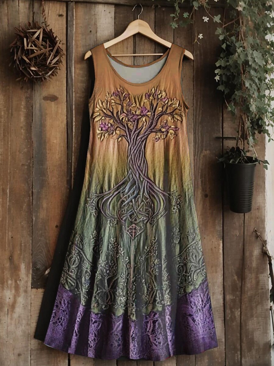 Vestido midi vintage viking com nó celta gradiente feminino, vestido de verão, linha A, casual, boho, festa de casamento, praia, corte regular, floral, gráfico, folha, sem mangas, gola em U de 2025 por $21.99 –P1
