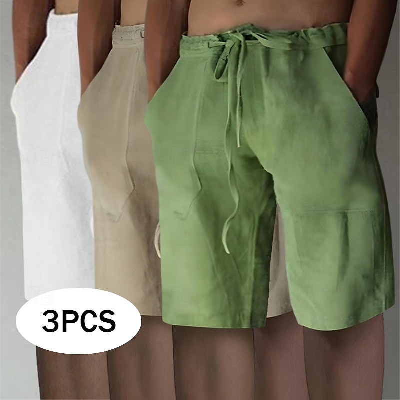 Men's Shorts Linen Shorts Summer Shorts Beach Shorts Elastic Waist Drawstring Front Pocket Plain Comfort Soft Knee Length Casual Daily Vacation Fashion White+Black+Gray black+khaki+blue Inelastic 2025 - $25.99 –P1