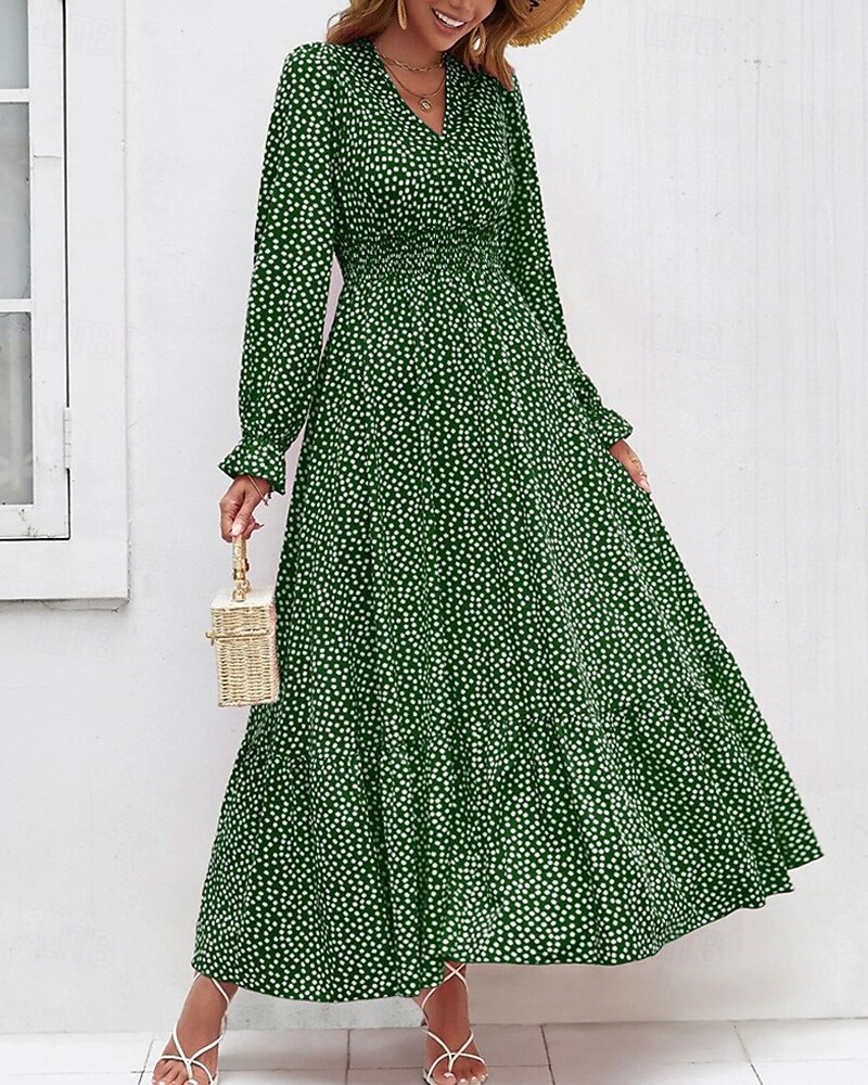 Damen Langes Kleid Maxikleid Freizeitkleid Druckkleid Mode Modern Täglich Strand Wochenende Normale Passform Blume Langarm V Ausschnitt Schwarz Rote Blau Grün Sommer Frühling Herbst 2025 - $23.99 –P18