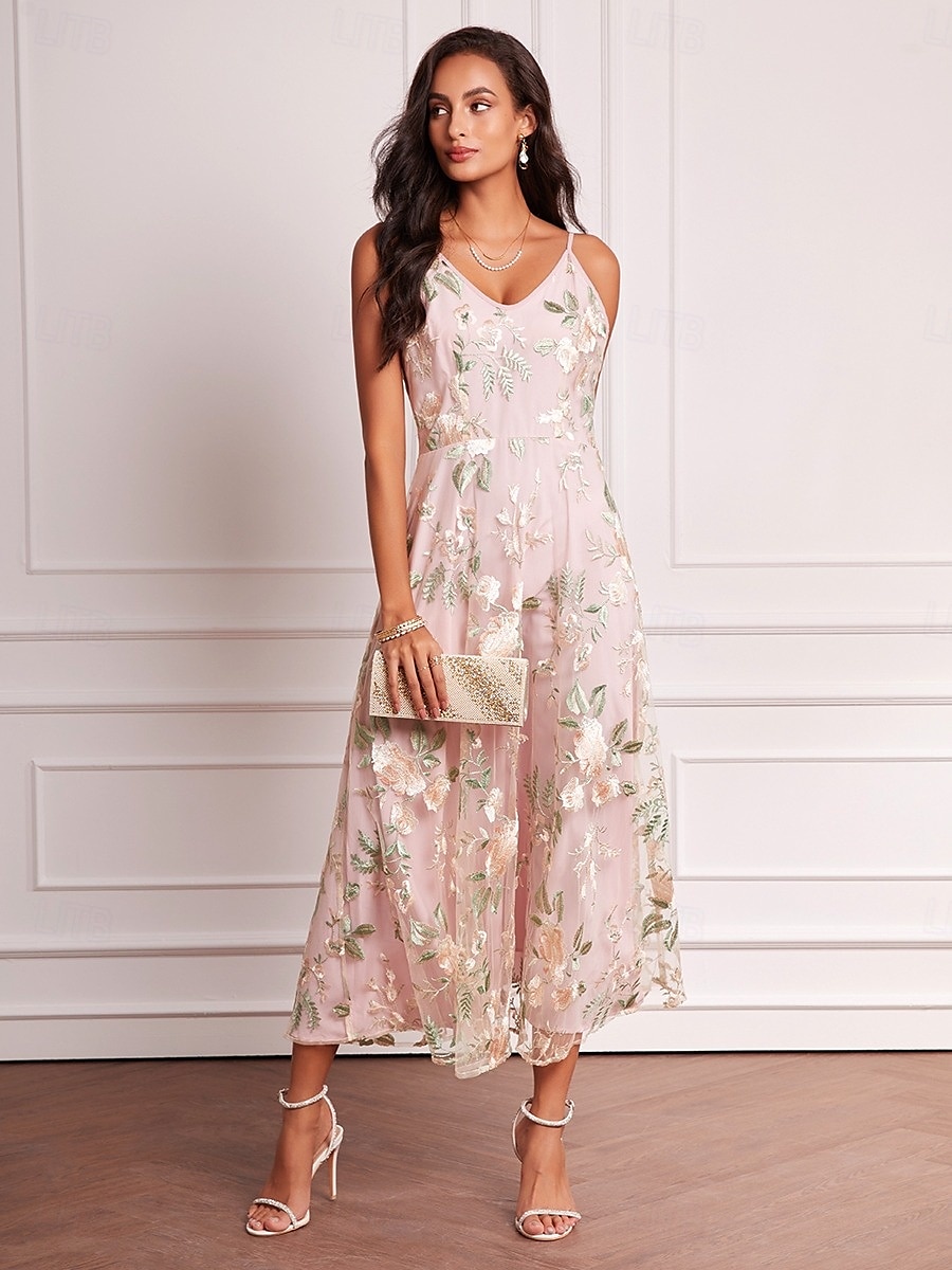 A-Linie Brautmutterkleid Elegant V Ausschnitt Bodenlang Chiffon Langarm mit Stickerei 2025 2025 - $119.99 –P4