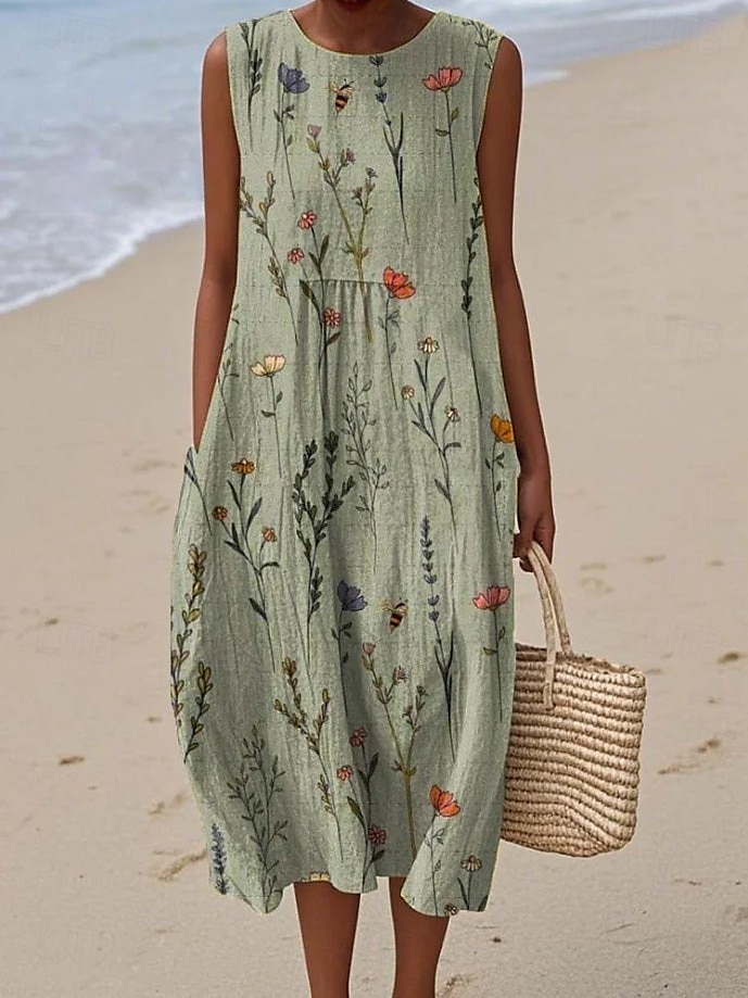 Damen Midi Kleid Leinenähnliches Sommerkleid Shift Kleid A-Linien Kleid Urlaub Freizeit Boho Party Ausgehen Strand Lockerer Schnitt Floral Grafisch Ärmellos Rundhalsausschnitt Hellgelb Tiefgrün Grau 2026 - $39.99 –P5
