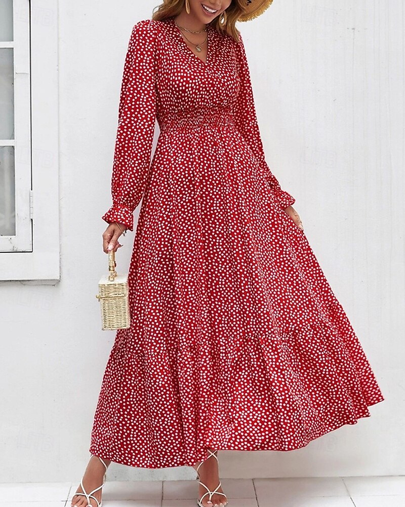 Damen Langes Kleid Maxikleid Freizeitkleid Druckkleid Mode Modern Täglich Strand Wochenende Normale Passform Blume Langarm V Ausschnitt Schwarz Rote Blau Grün Sommer Frühling Herbst 2025 - $23.99 –P13