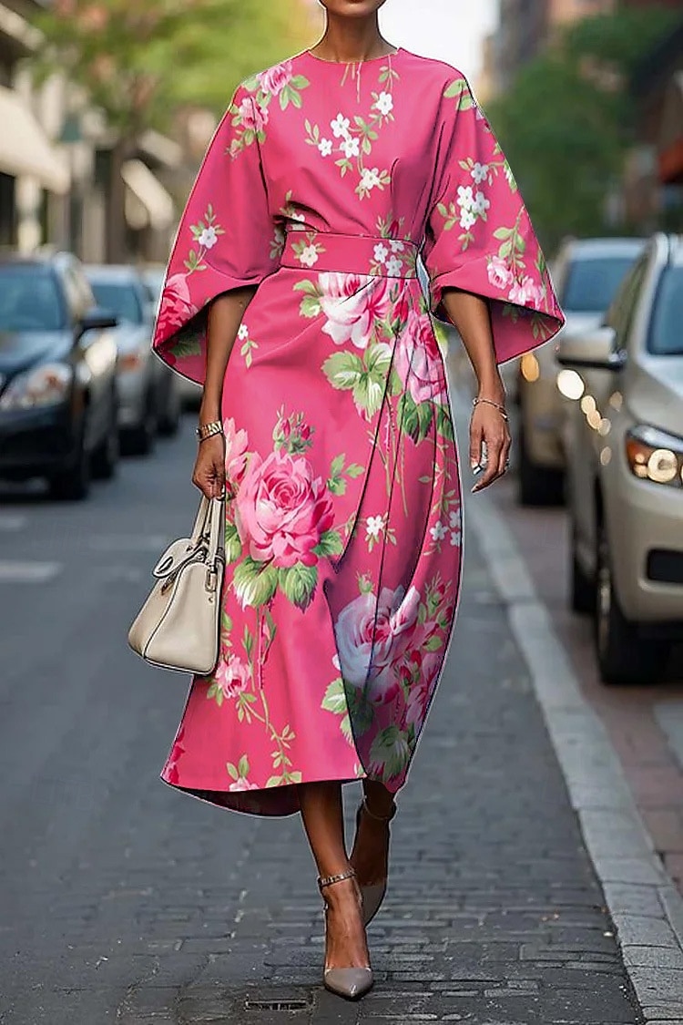 Dames Lange jurk maxi-jurk Swingjurk Zomerjurk Elegant Vleermuismouw Dagelijks Normale pasvorm Bloemig Geometrisch 3/4 mouw Strakke ronde hals Zwart Geel Blozend Roze Zomer Lente 2026 - $29.99 –P3