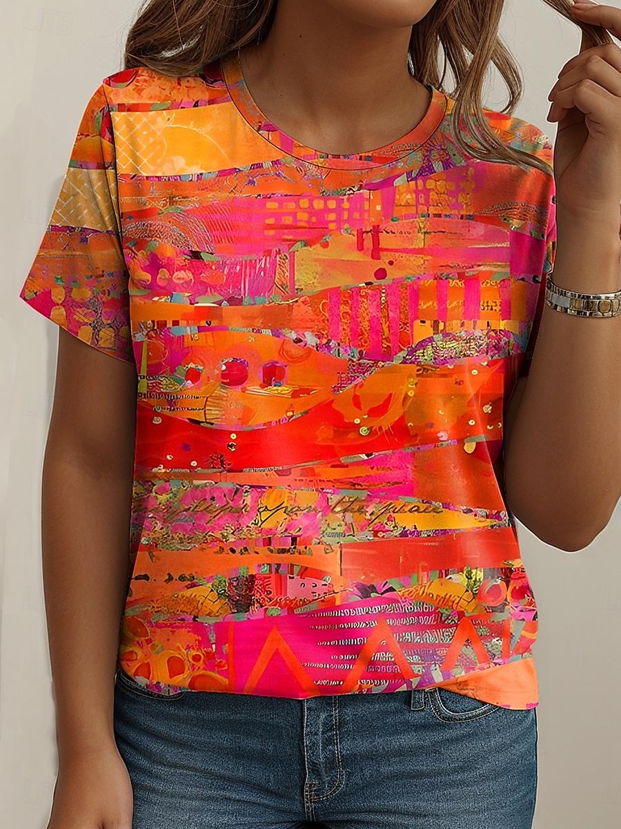 Damen Übergröße Oberteile T Shirt Grafik Abstrakt Druck Kurzarm Rundhalsausschnitt Lässig Täglich Polyester Sommer Frühling Weiß Blau 2025 - $19.99 –P3