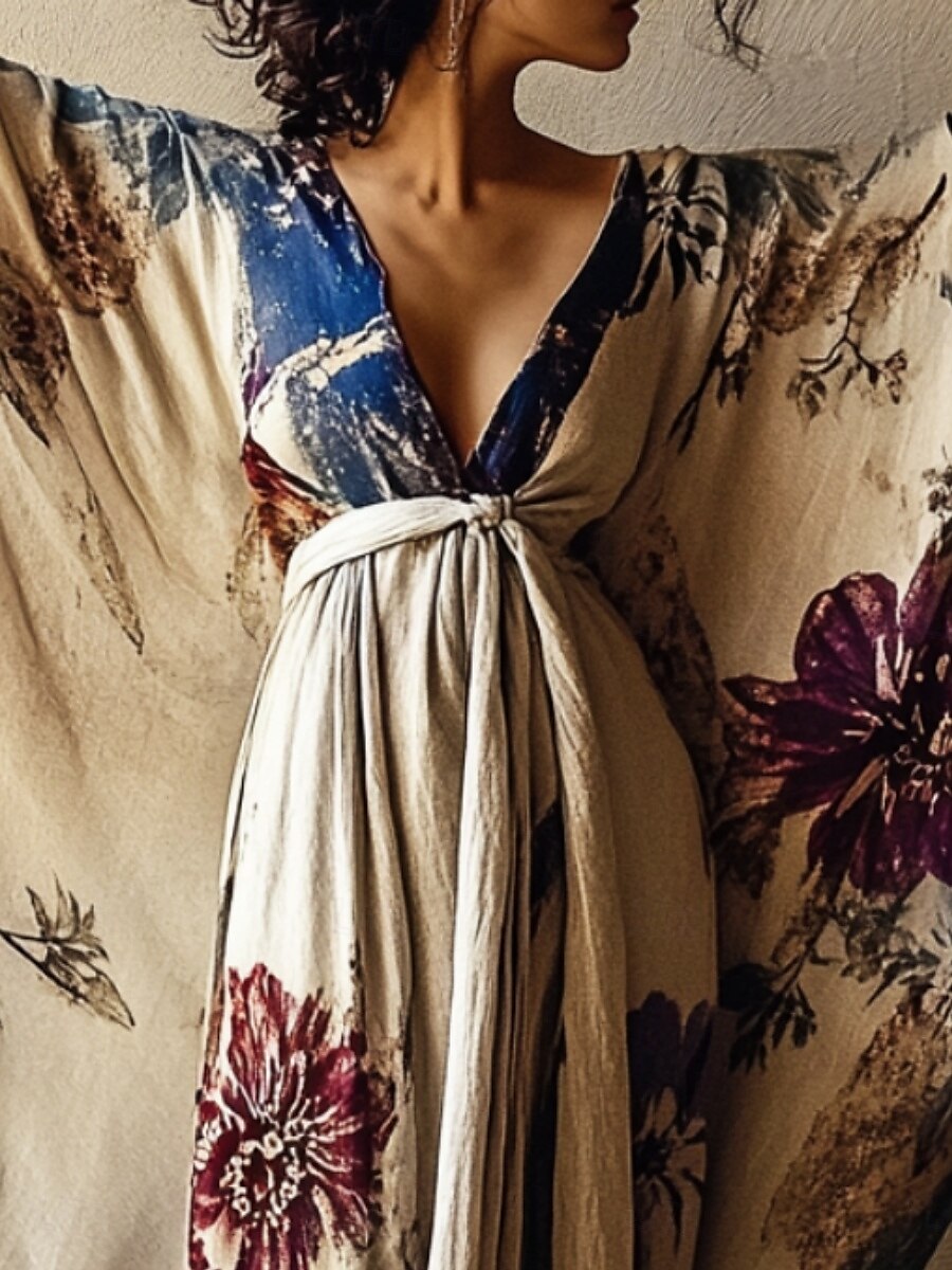 damelang kjole maxikjole bohokjole avslappet kjole swingkjole sommerkjole vintage ferie daglig strand normal passform blomster 3/4-ermet v-hals khaki sommer vår høst 2025 - $25.99 –P1