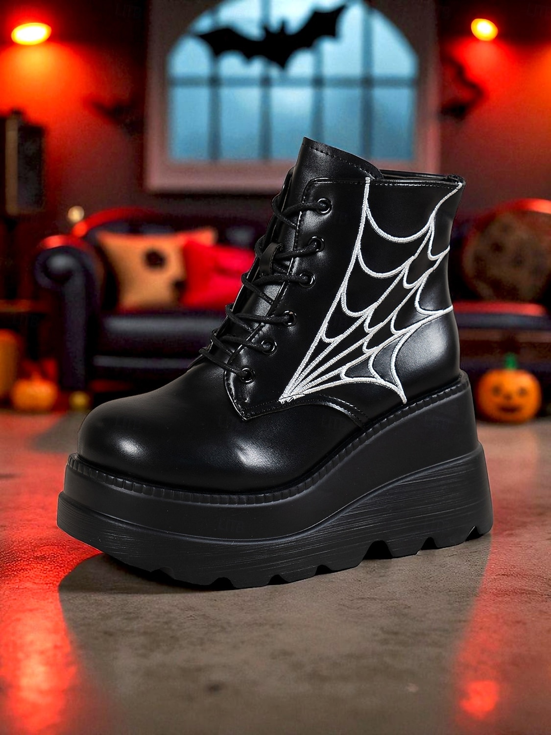 Women's Black Platform Boots with Spider Web Design - Chunky Lace-Up Ankle Boots for Halloween, Cosplay, and Masquerade Balls, Punk and Gothic Style, Comfortable for All-Day Wear 2025 - $34.99 –P3