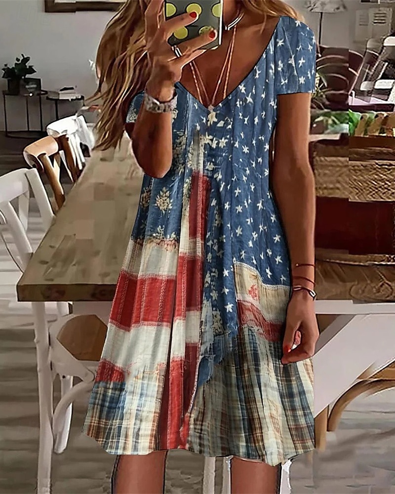 Femmes Mini Robe Robe Décontractée Robe d'été Mode Moderne Quotidien Plage Week-end Coupe régulière Drapeau national Manche Courte Col en V Bleu Bleu de minuit Printemps Automne de 2025 ? $21.99 –P1