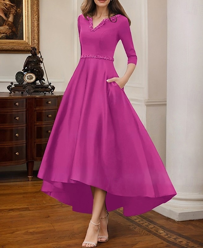 Robe de cocktail trapèze élégante, robe de soirée formelle, longueur thé, robe asymétrique, manches mi-longues, col en V, satin extensible avec poche à perles, 2025 de 2025 ? $142.99 –P8