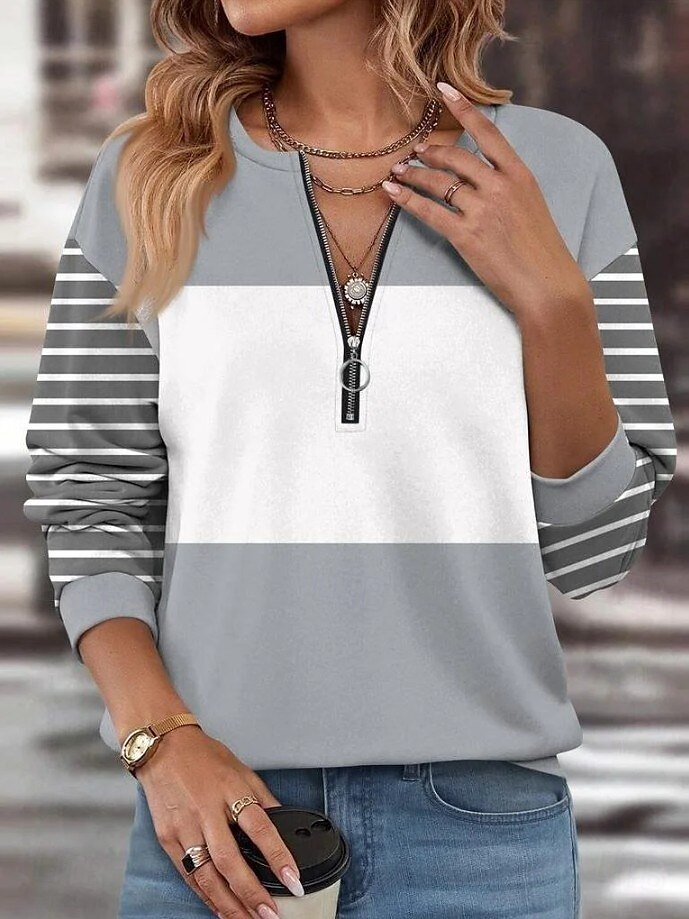 Pull à zip quart pour femme graphique géométrique à rayures décontracté manches longues col rond hauts réguliers mode de rue vêtements quotidiens demi-imprimé rose bleu fuchsia orange vert automne de 2025 ? $25.99 –P2