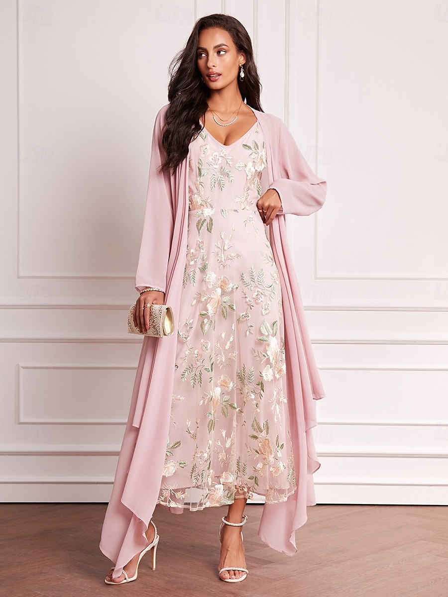 A-Linie Brautmutterkleid Elegant V Ausschnitt Bodenlang Chiffon Langarm mit Stickerei 2025 2025 - $119.99 –P6