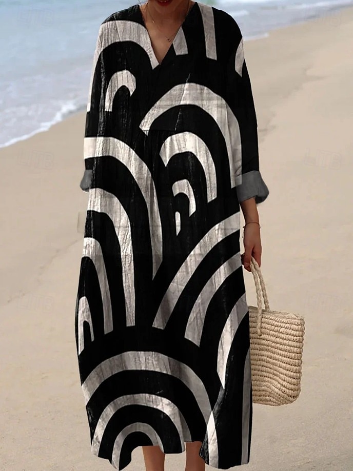 Damskie Sukienka maxi Sukienka letnia Sukienka A line Urlop Codzienny Boho Wyjściowe Plaża Graficzny Geometryczny Naszywka Długi rękaw W serek jesion Czarny Żółty Rumiany róż Lato Wiosna 2025 - $35.99 –P7