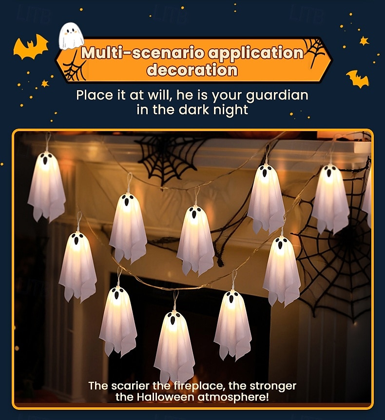 1 Pc Halloween 2.5M 10 luminous hanging ghost ghost light string AAA waterproof battery box 8 function remote control indoor and outdoor courtyard party Halloween atmosphere decoration light 2025 - $20.99 –P13