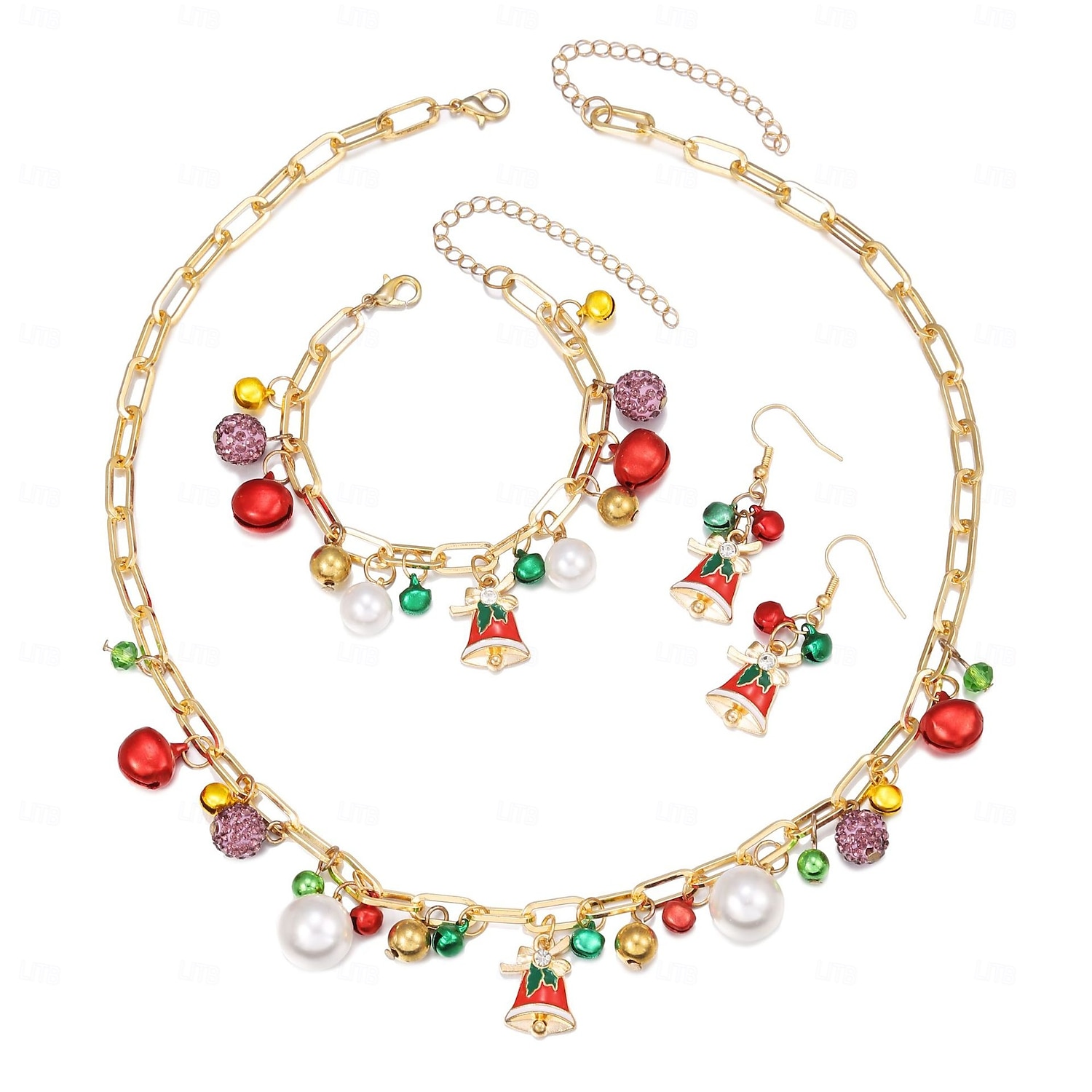 Conjunto de joias com pingentes de Natal para mulheres - colar de corrente de ouro, pulseira e brincos com sino festivo e pingentes de pérola, acessórios elegantes para festas de fim de ano para de 2025 por $9.99 –P5