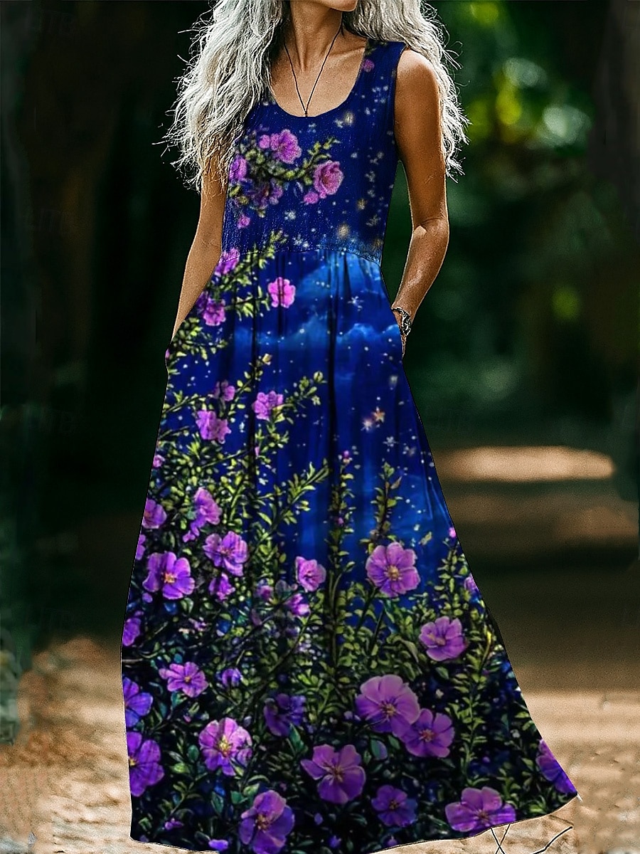 Abito vintage da donna in stile boho con stampa floreale, casual, per uscire in spiaggia, vestibilità regolare, senza maniche, scollo a U, rosa vinaccia, marrone chiaro, blu, estate e primavera. del 2025 a $35.99 –P1