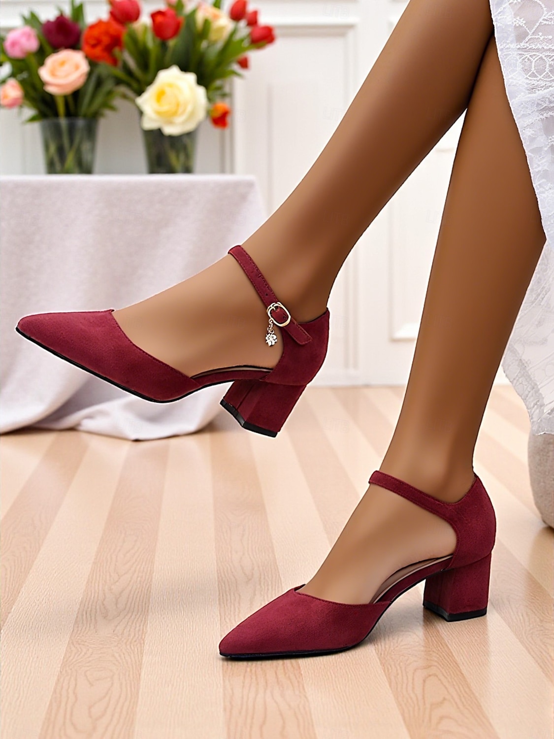 Escarpins à talons compensés en daim rose pour femme, avec bride à la cheville – élégants escarpins à bout pointu et détails charmants pour mariages, fêtes et tenues de bureau de 2025 ? $46.99 –P7